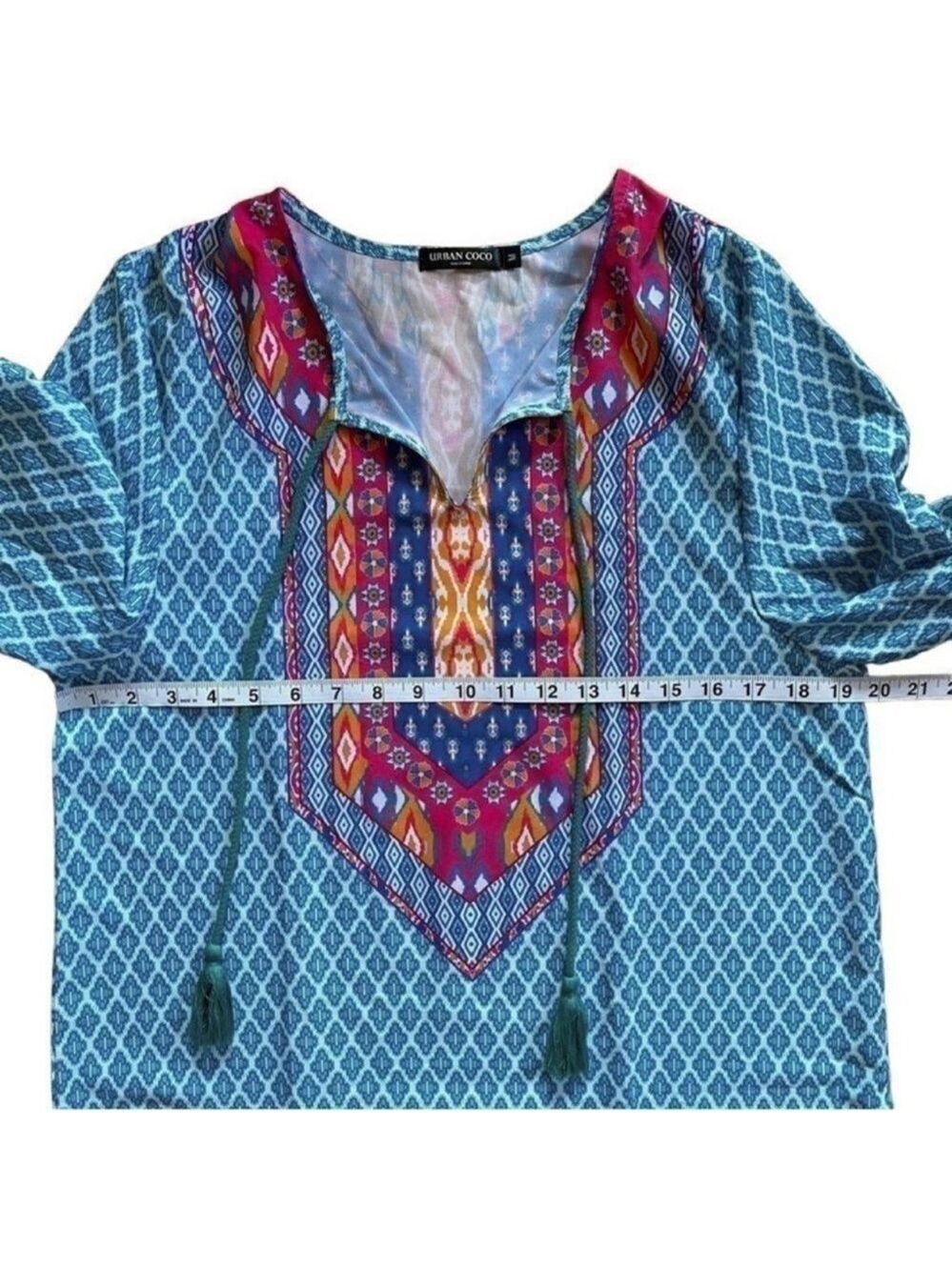 Urban Coco Blue Multicolor Ruche Sleeve Swim Coverup Dress with Tassels Medium - Picture 10 of 14